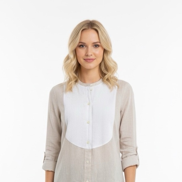 Ann Mashburn tan & white linen button down shirt linen Size extra small